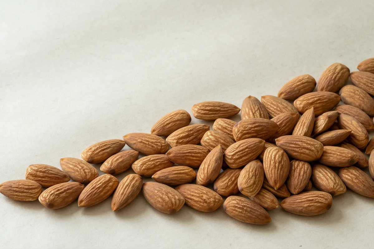 Almond kernels with skin on, scattered on unbleached paper