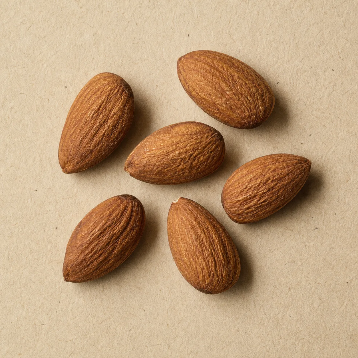 Whole almond kernels with brown skin on unbleached paper